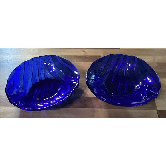 2 Vintage Cobalt Blue Glass Bowls IVV Textured Wavy Stripes Round Ocean 8.5” - Picture 7 of 10